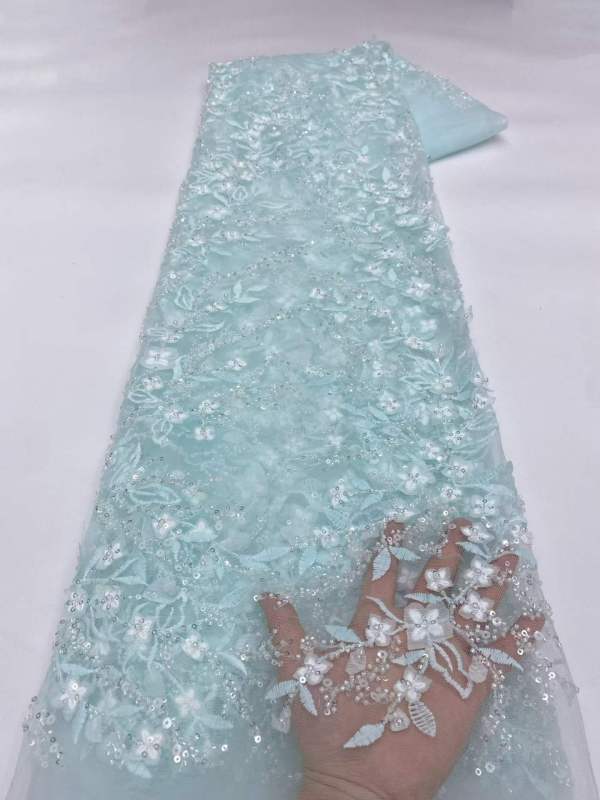 Affordable high quality lace fabric with beads pearls and sequins wedding dress lace fabric