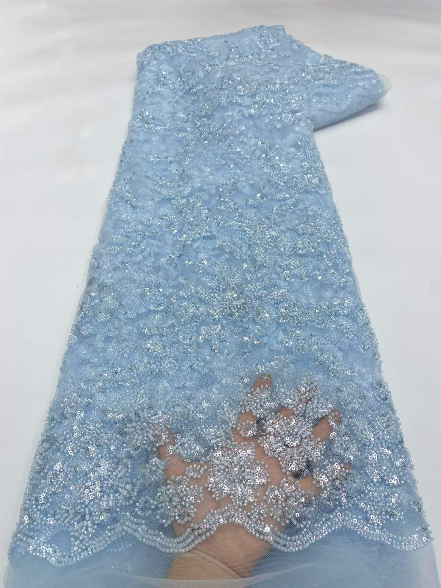 Affordable high quality lace fabric with beads pearls and sequins wedding dress lace fabric