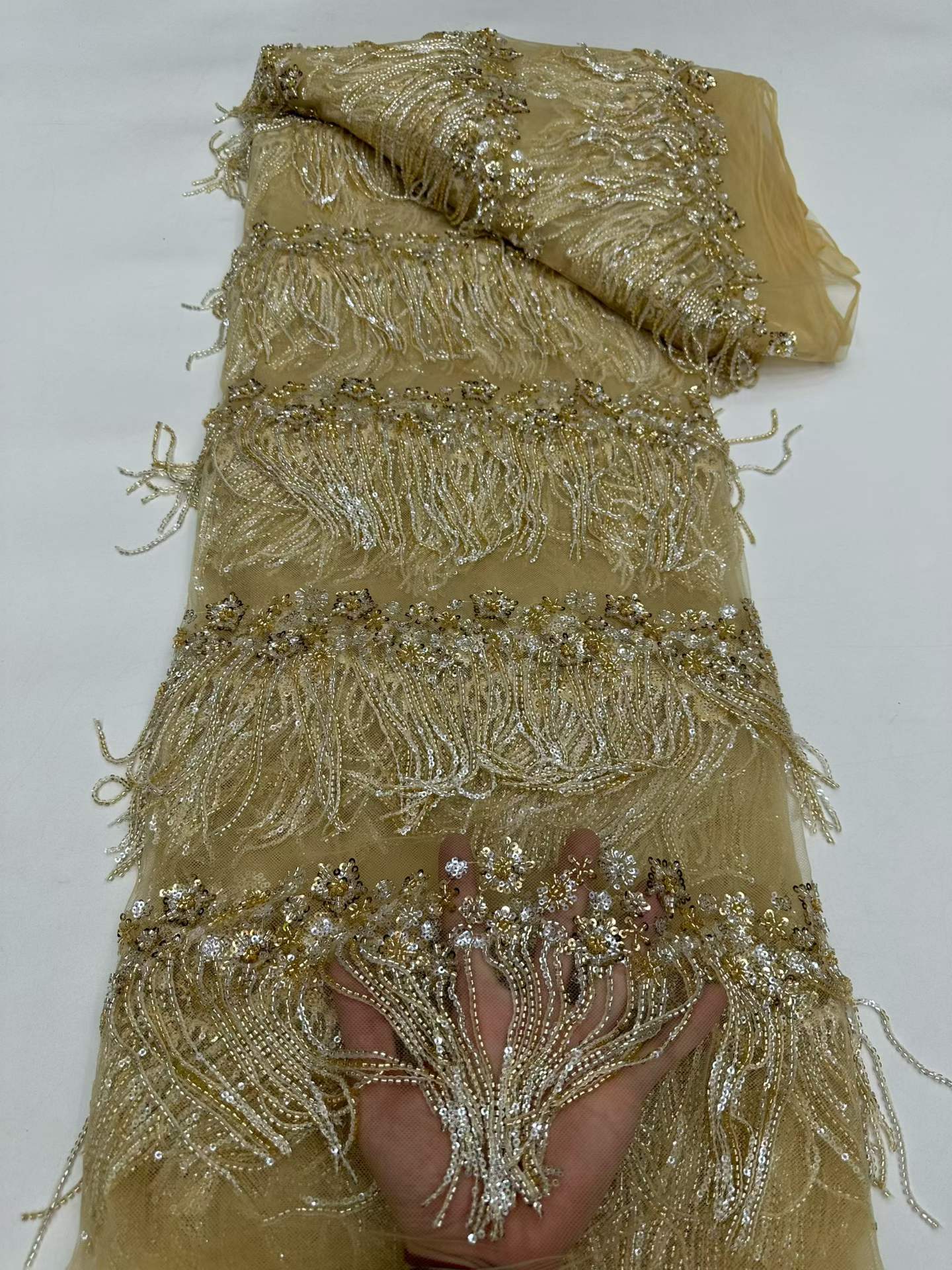 Affordable high quality lace fabric with beads pearls and sequins wedding dress lace fabric