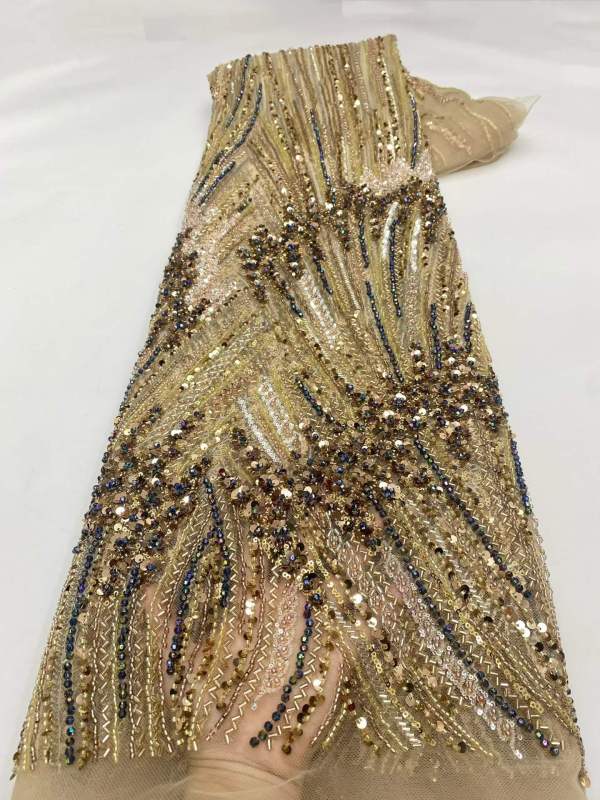 Affordable high quality lace fabric with beads pearls and sequins wedding dress lace fabric