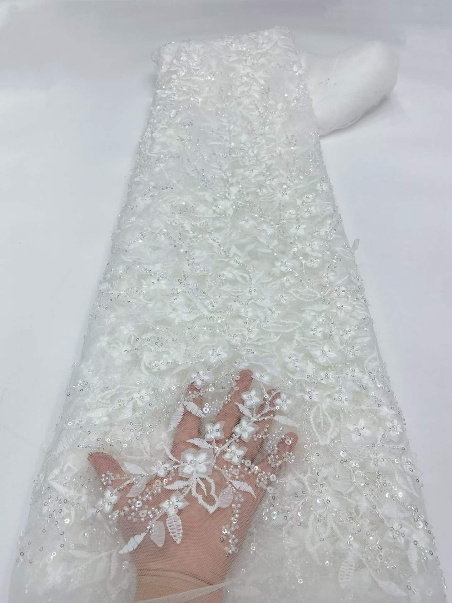 Affordable high quality lace fabric with beads pearls and sequins wedding dress lace fabric