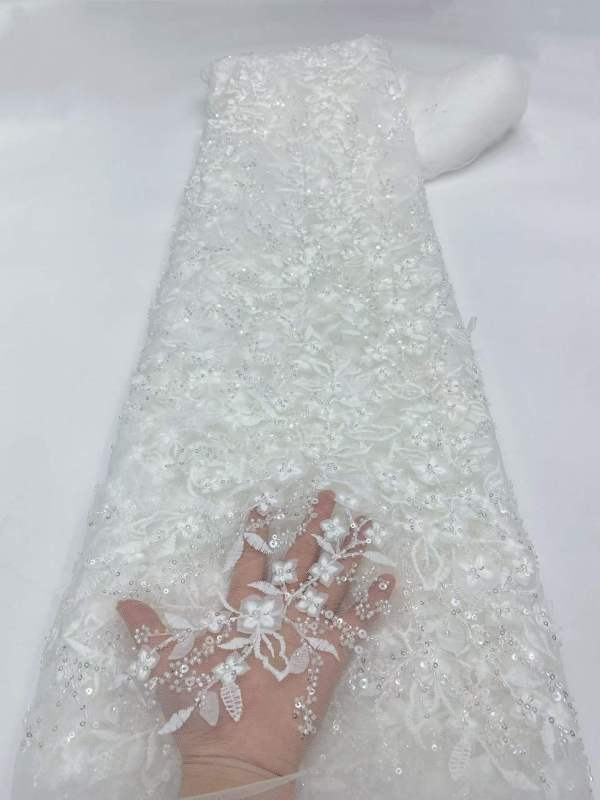Affordable high quality lace fabric with beads pearls and sequins wedding dress lace fabric