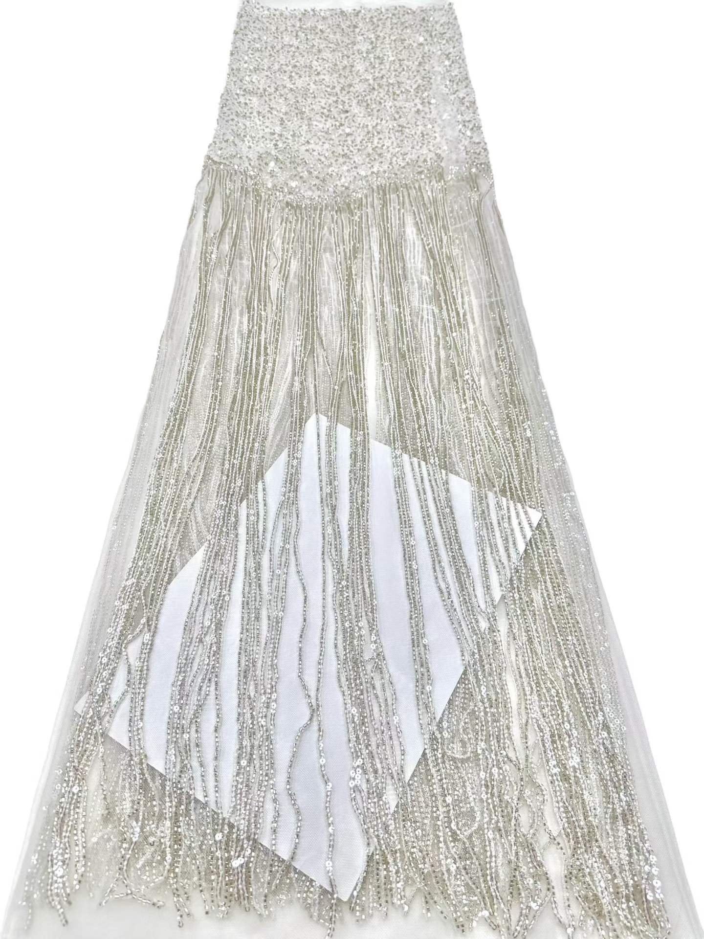 Affordable high quality lace fabric with beads pearls and sequins wedding dress lace fabric