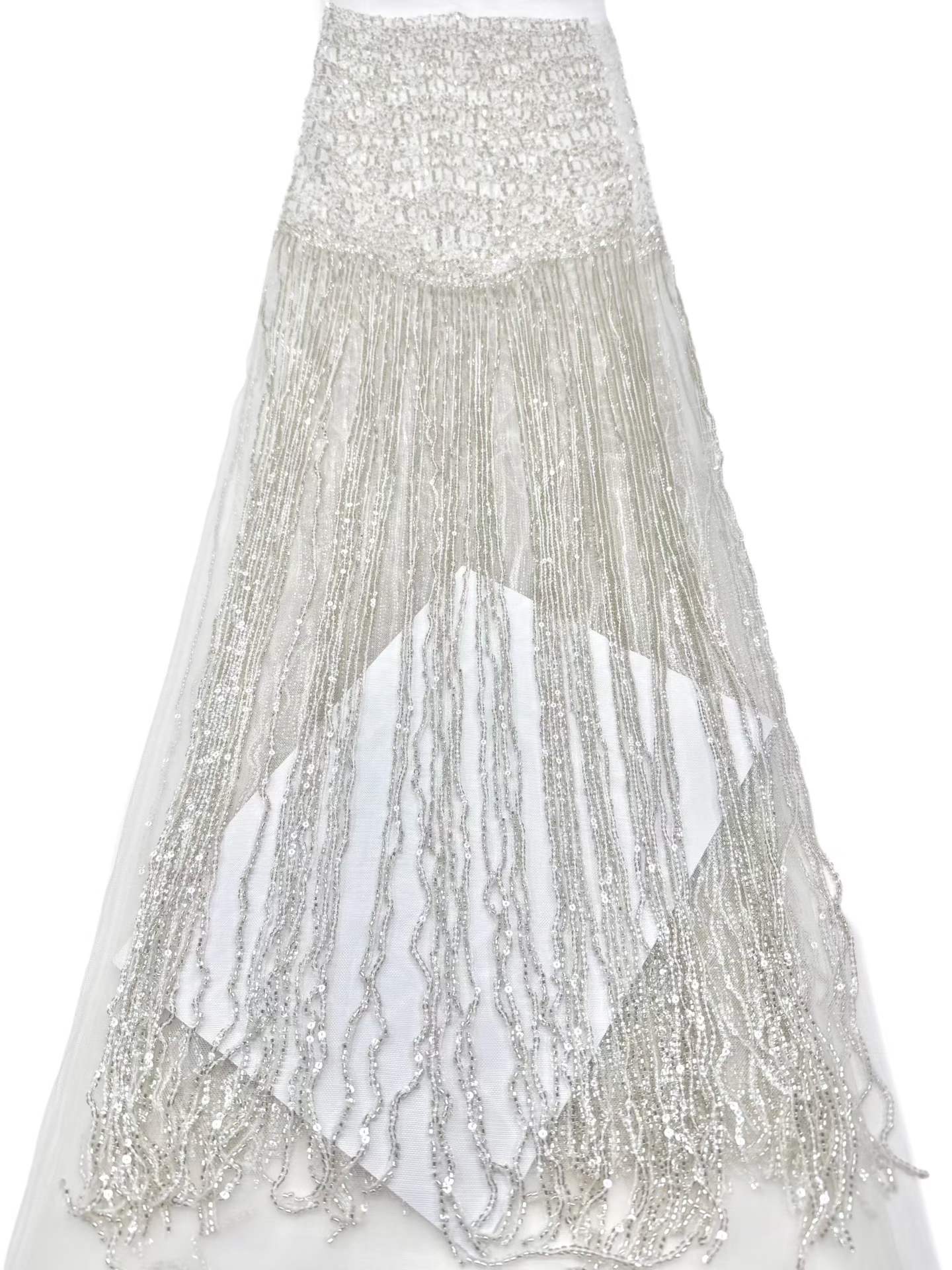 Affordable high quality lace fabric with beads pearls and sequins wedding dress lace fabric