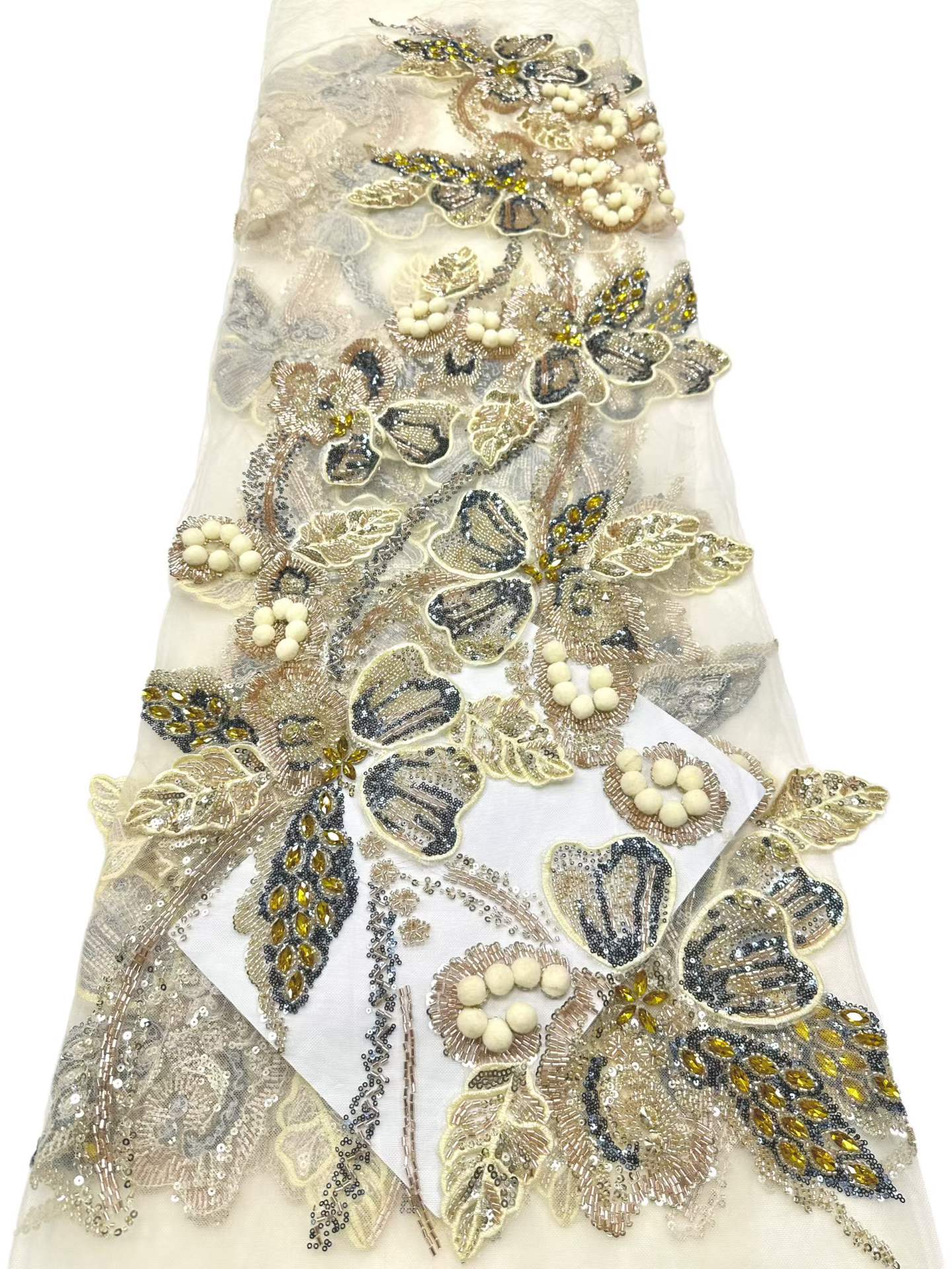 Affordable high quality lace fabric with beads pearls and sequins wedding dress lace fabric