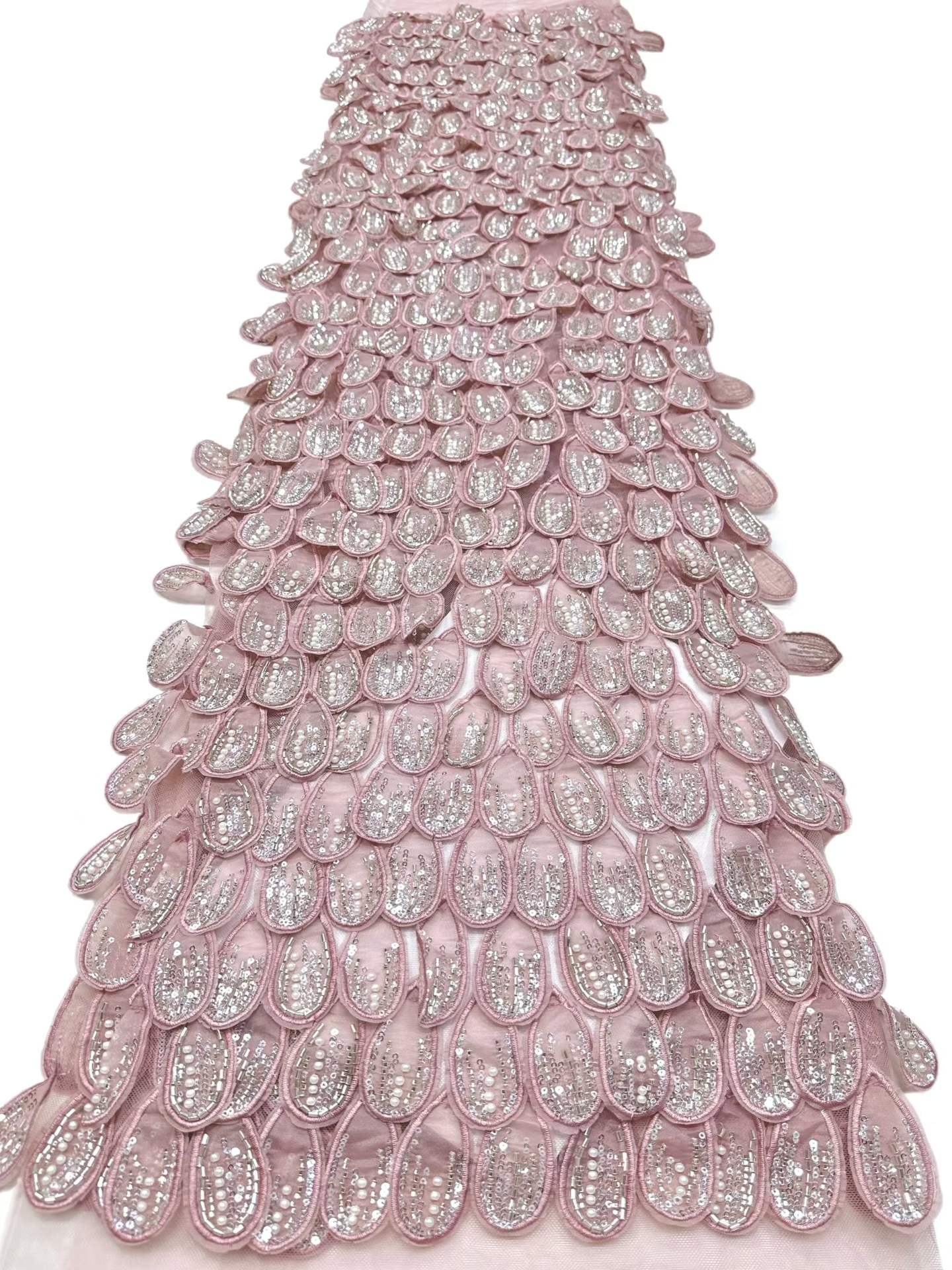 Affordable high quality lace fabric with beads pearls and sequins wedding dress lace fabric