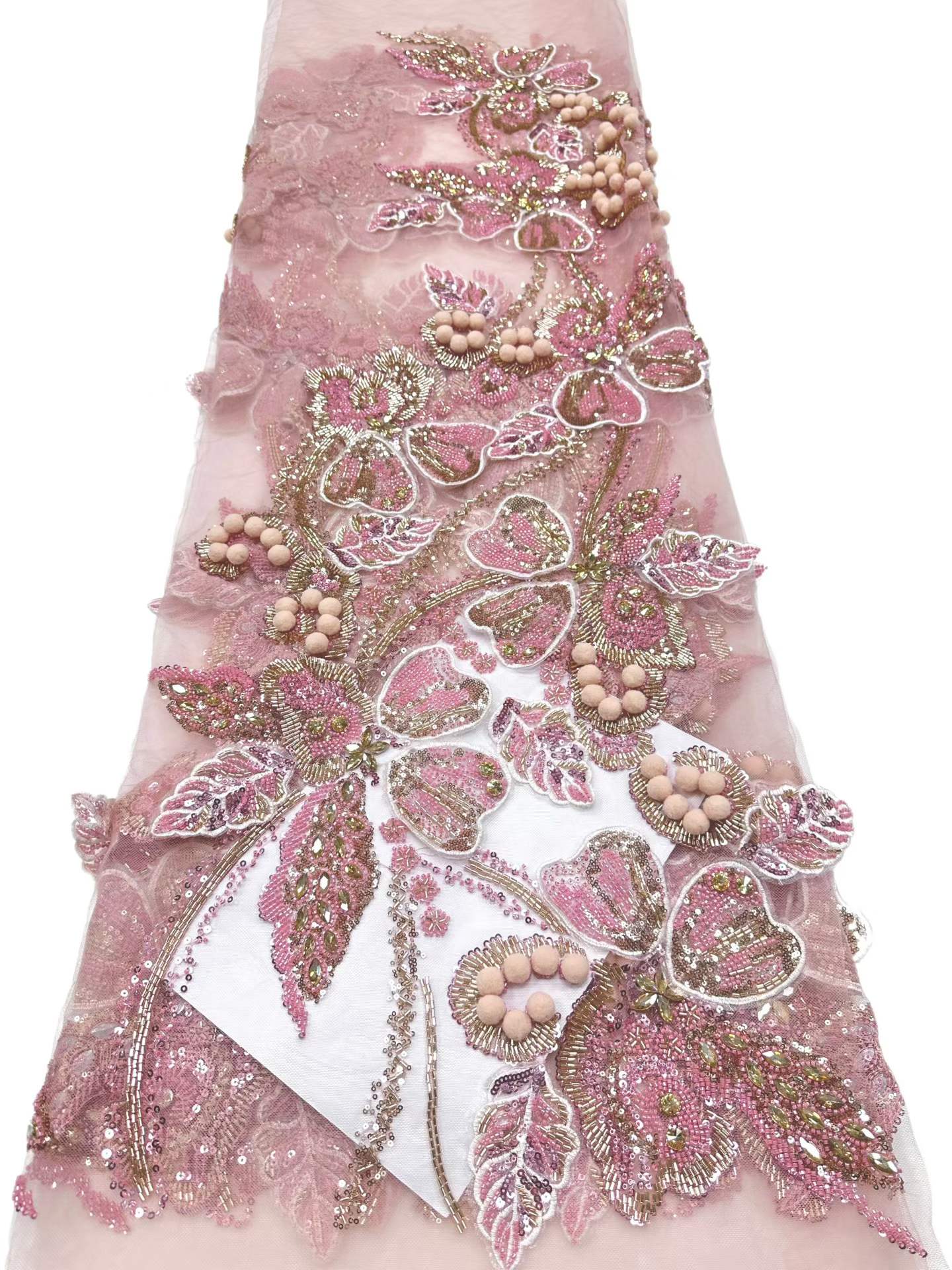 Affordable high quality lace fabric with beads pearls and sequins wedding dress lace fabric