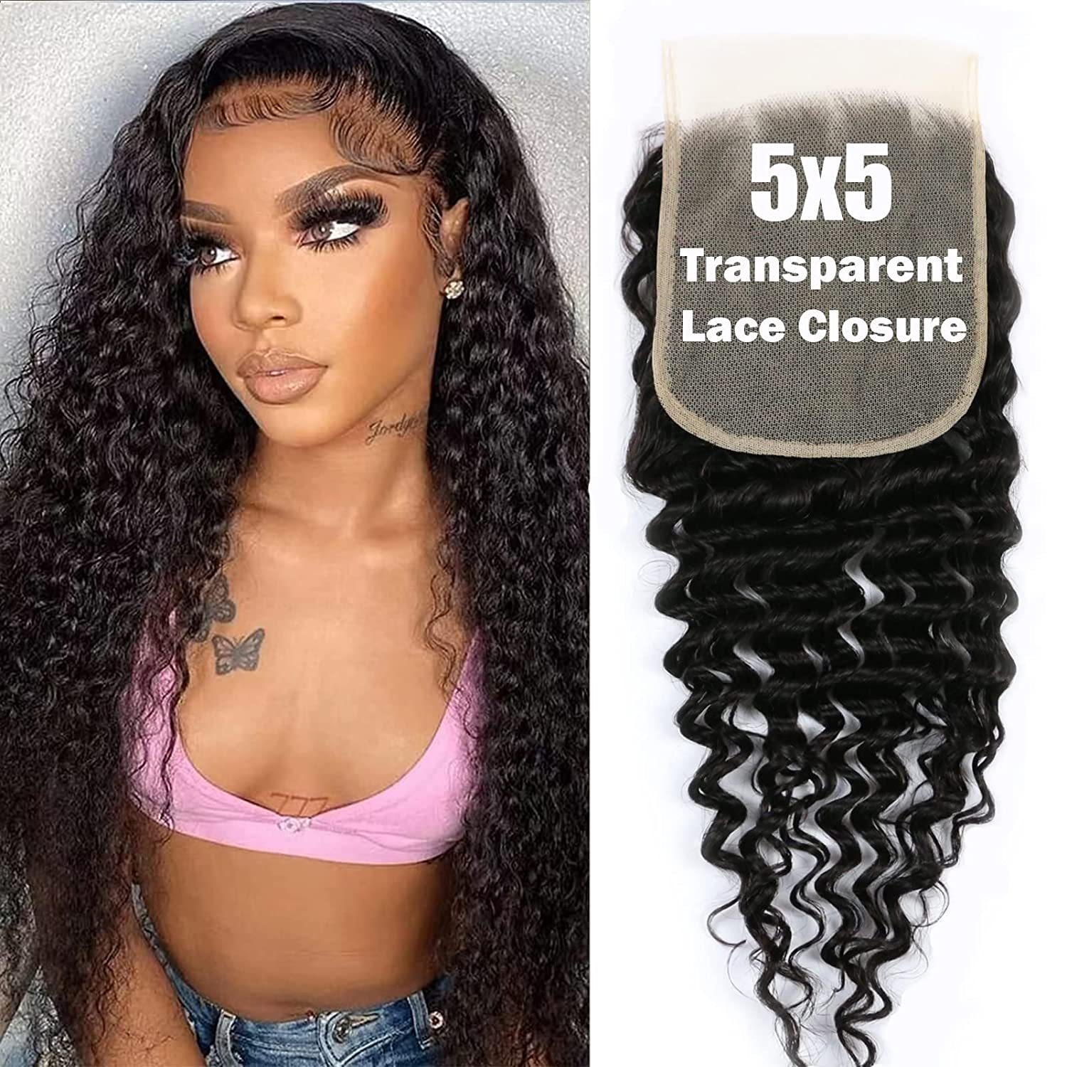 Dima Deep Wave Transparent Closure 5x5 Free Part 100% Brazilian Human Hair