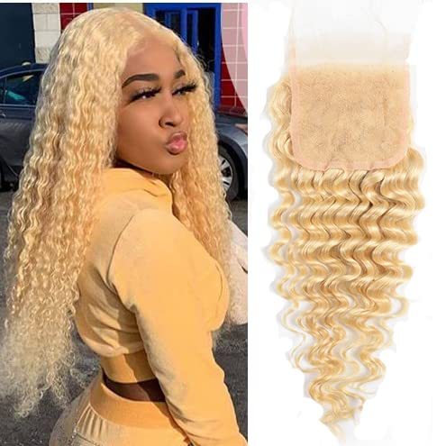 Dima Deep Wave Brazilian Virgin Remy Human Hair 613 Blonde 4x4 Transparent Lace Closure