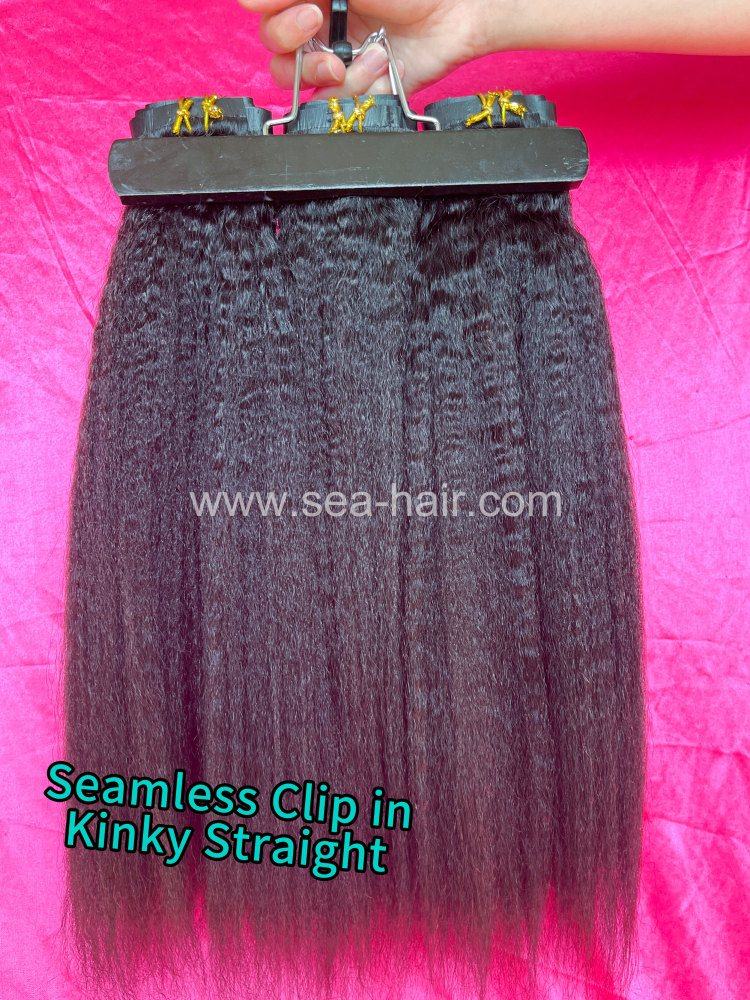 SEA Hair Kinky Straight Seamless Clip-In Hair Extensions 7Pcs/Set Single/3/4 Bundles Deals
