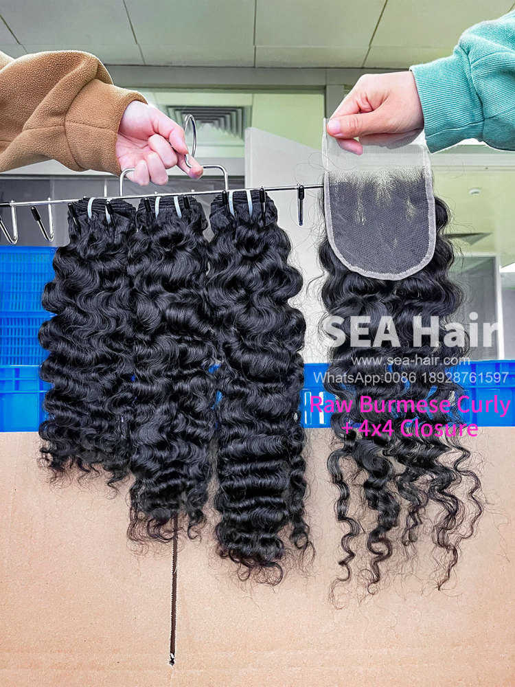 SEA Hair Burmese Curly Raw Hair 3 Bundles with 4x4 Transparent/HD Closure