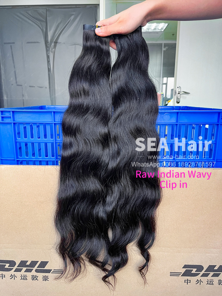 SEA Hair Indian Wavy Seamless Clip-In Raw Hair Extensions 1/3/4 Packs 6/18/24Pcs Deal