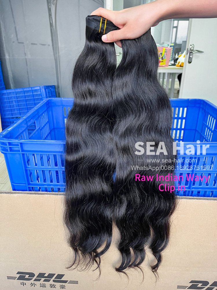 SEA Hair Indian Wavy Seamless Clip-In Raw Hair Extensions 1/3/4 Packs 6/18/24Pcs Deal