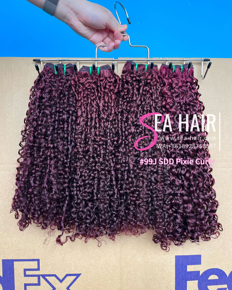 Sea Hair 99J Color Super Double Drawn Pixie Curly Human Hair Bundle 1/3/4 Pcs Deal