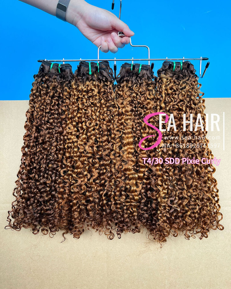Sea Hair T4/30 Color Super Double Drawn Pixie Curly Human Hair Bundle 1/3/4 Pcs Deal