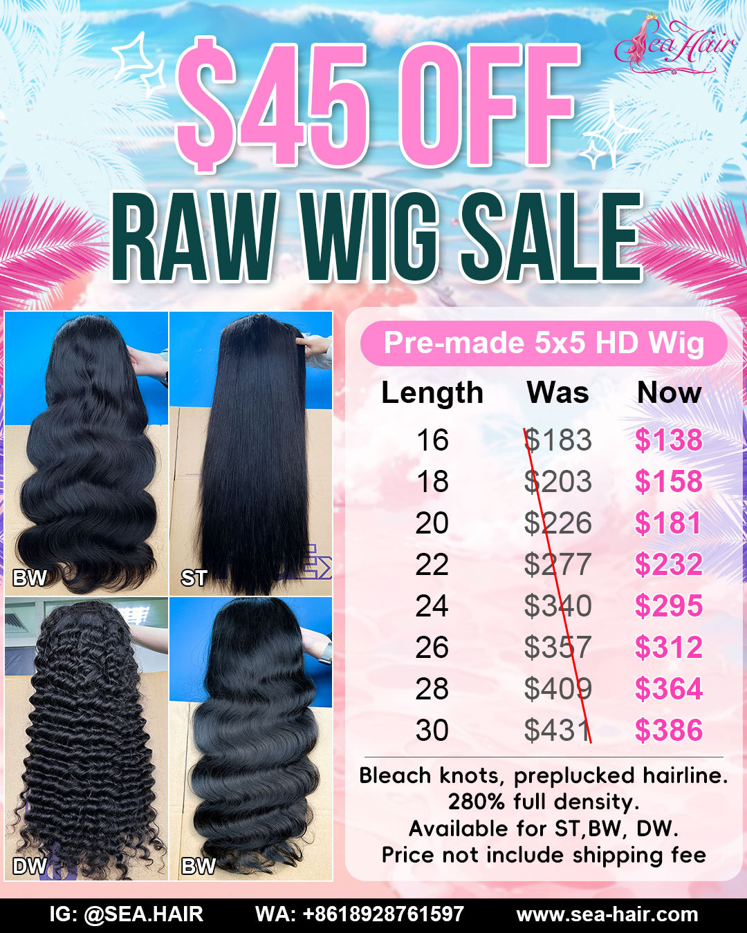 Sea Hair Bleach Knots And Preplucked Hairline Pre-made 5x5 HD Lace Closure Wig 280% Density