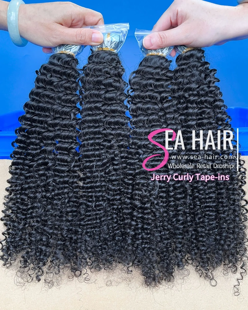 Sea Jerry Curly Mink Hair Tape In Human Hair Extension 1/3/4 Packs 20/60/80 Pcs Deal