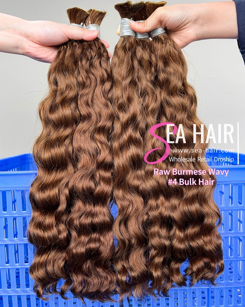 Sea Hair Raw Burmese Wavy No Weft #4 Color Bulk Hair 1/3/4 Packs Deal