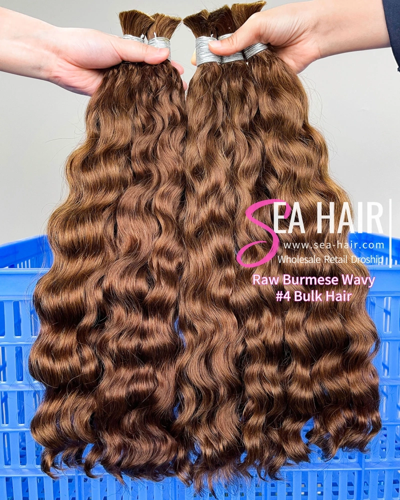 Sea Hair Raw Burmese Wavy No Weft #4 Color Bulk Hair 1/3/4 Packs Deal
