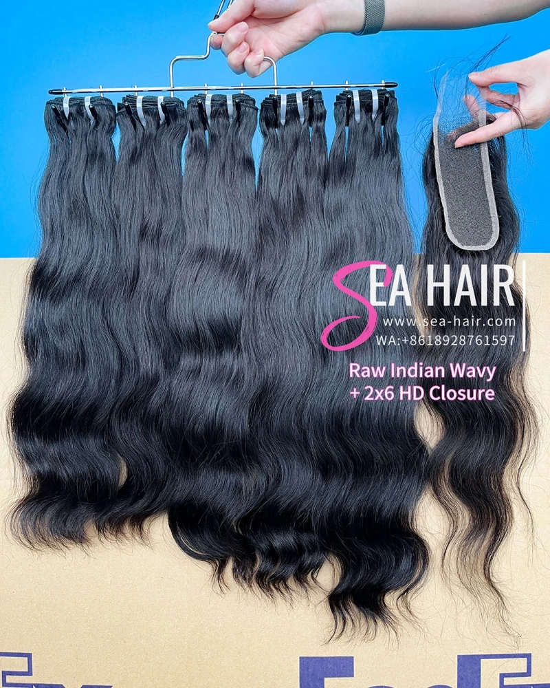 SEA Hair Raw Indian Wavy Hair Bundles with 2x6 Lace Closure