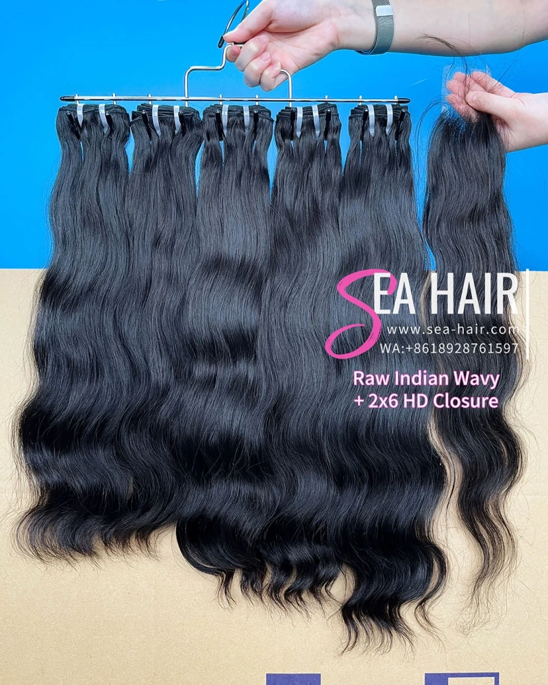 SEA Hair Raw Indian Wavy Hair Bundles with 2x6 Lace Closure