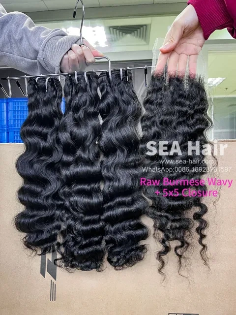 SEA Hair Raw Burmese Wavy 3 Bundles with 5x5 Transparent/HD Lace Closure