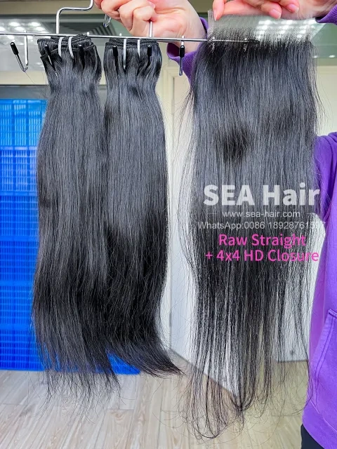 SEA Hair Straight Raw Hair 3 Bundles with 4x4 Transparent/HD Closure