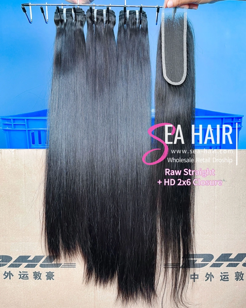 SEA Hair Raw Straight Hair Bundles with 2x6 Lace Closure