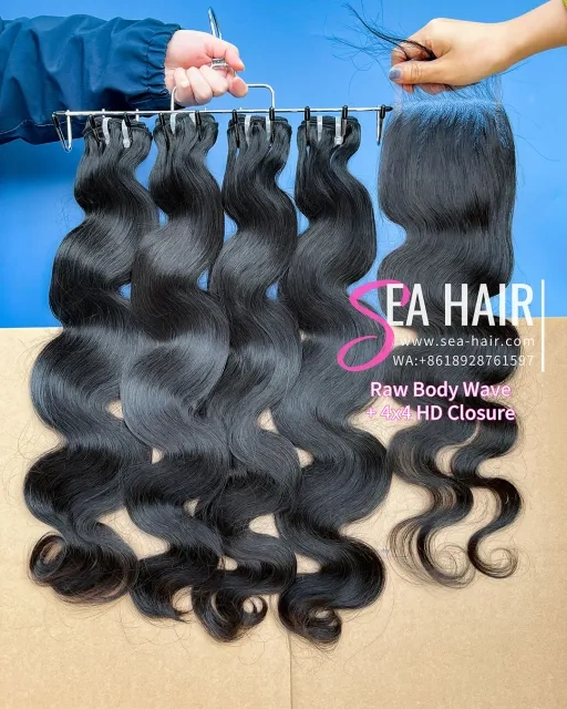 SEA Hair Body Wave Raw Hair 3 Bundles with 4x4 Transparent/HD Closure
