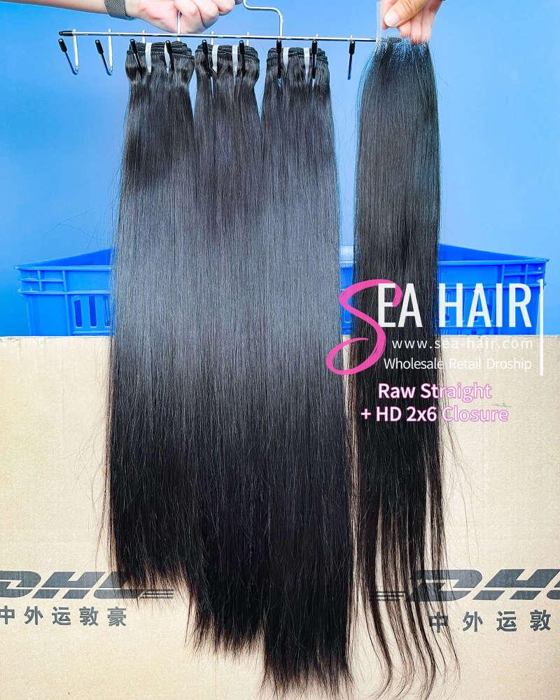 SEA Hair Raw Straight Hair Bundles with 2x6 Lace Closure