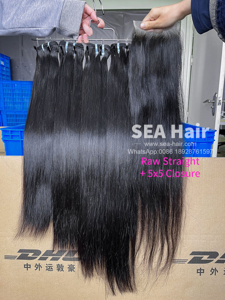 SEA Hair Raw Straight Hair 3 Bundles with 5x5 Transparent/HD Lace Closure