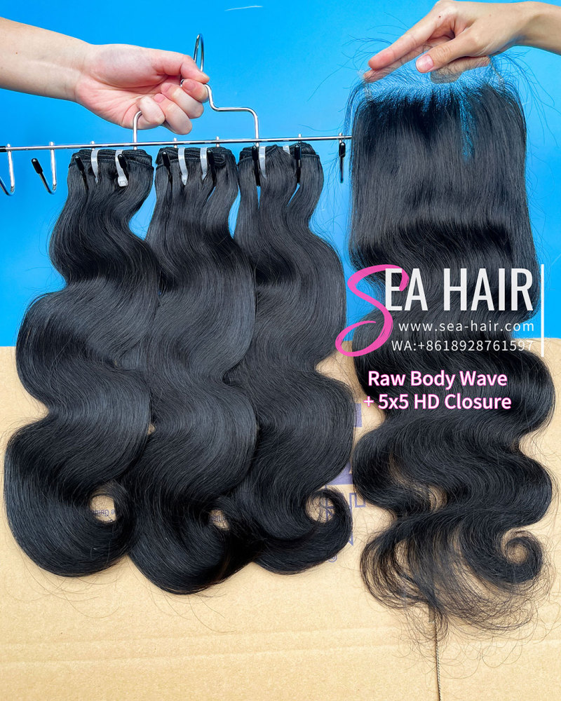 SEA Hair Raw Body Wave Hair 3 Bundles with 5x5 Transparent/HD Lace Closure
