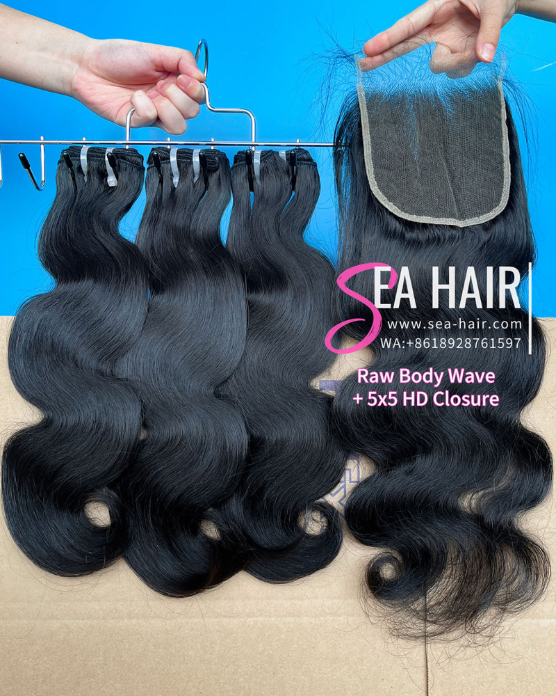 SEA Hair Raw Body Wave Hair 3 Bundles with 5x5 Transparent/HD Lace Closure