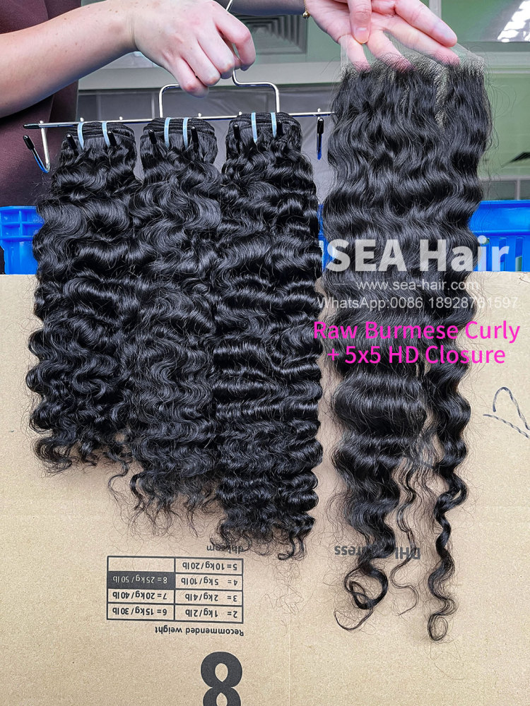 SEA Hair Raw Burmese Curly Hair 3 Bundles with 5x5 Transparent/HD Lace Closure