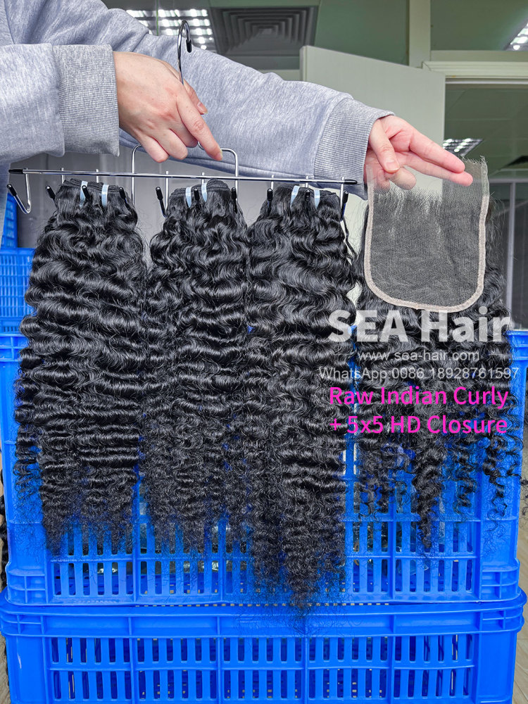 SEA Hair Raw Indian Curly Hair 3 Bundles with 5x5 Transparent/HD Lace Closure