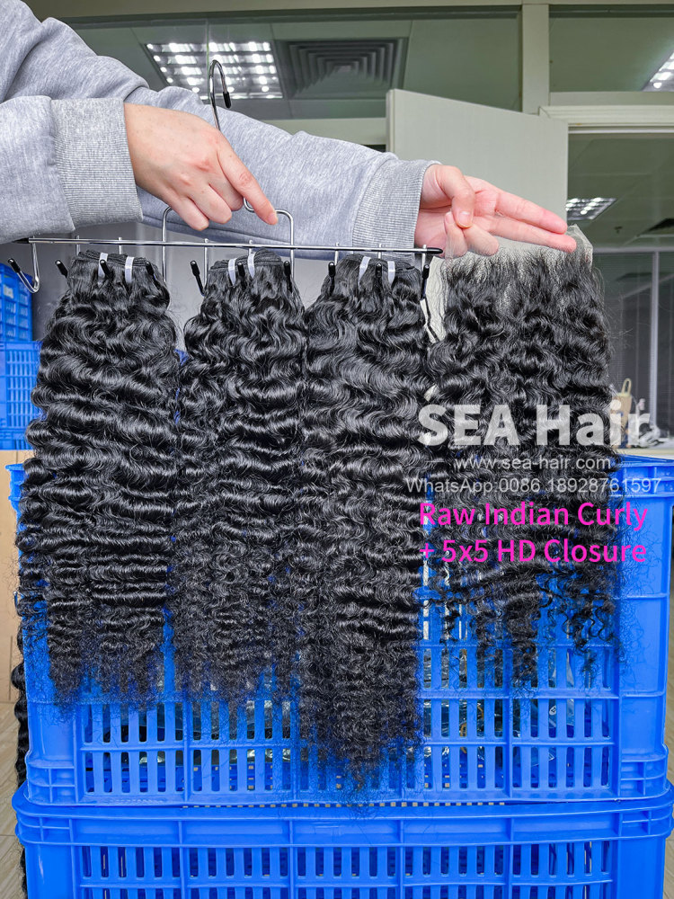 SEA Hair Raw Indian Curly Hair 3 Bundles with 5x5 Transparent/HD Lace Closure
