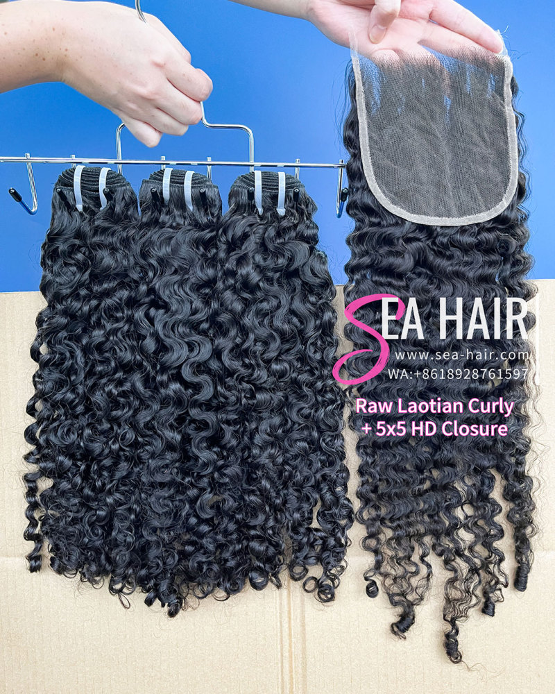 SEA Hair Raw Laotian Curly Hair 3 Bundles with 5x5 Transparent/HD Lace Closure