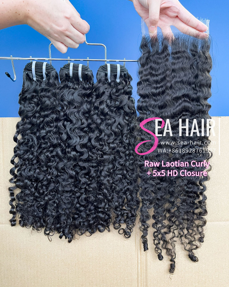 SEA Hair Raw Laotian Curly Hair 3 Bundles with 5x5 Transparent/HD Lace Closure