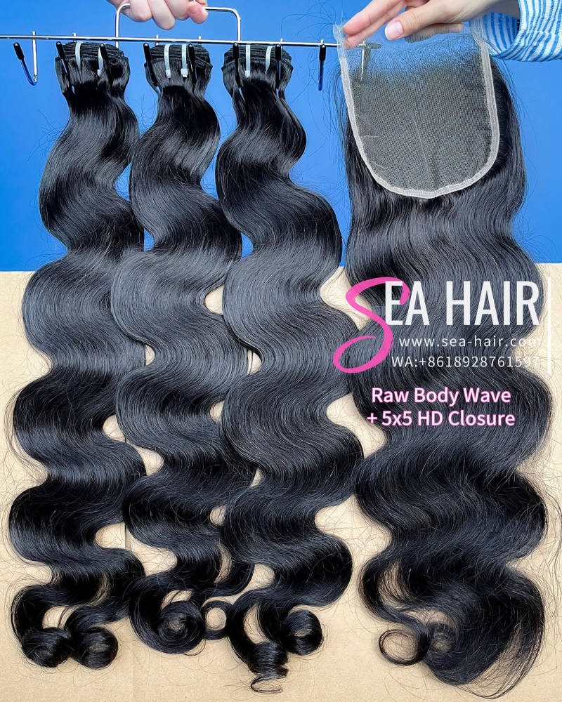 SEA Hair Raw Body Wave Hair 3 Bundles with 5x5 Transparent/HD Lace Closure