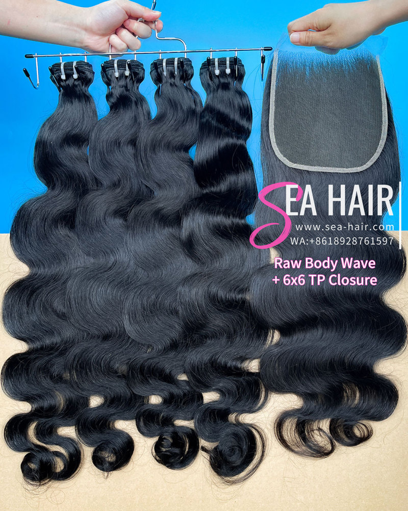 SEA Hair Raw Body Wave Hair 3 Bundles with 6x6 Lace Closure