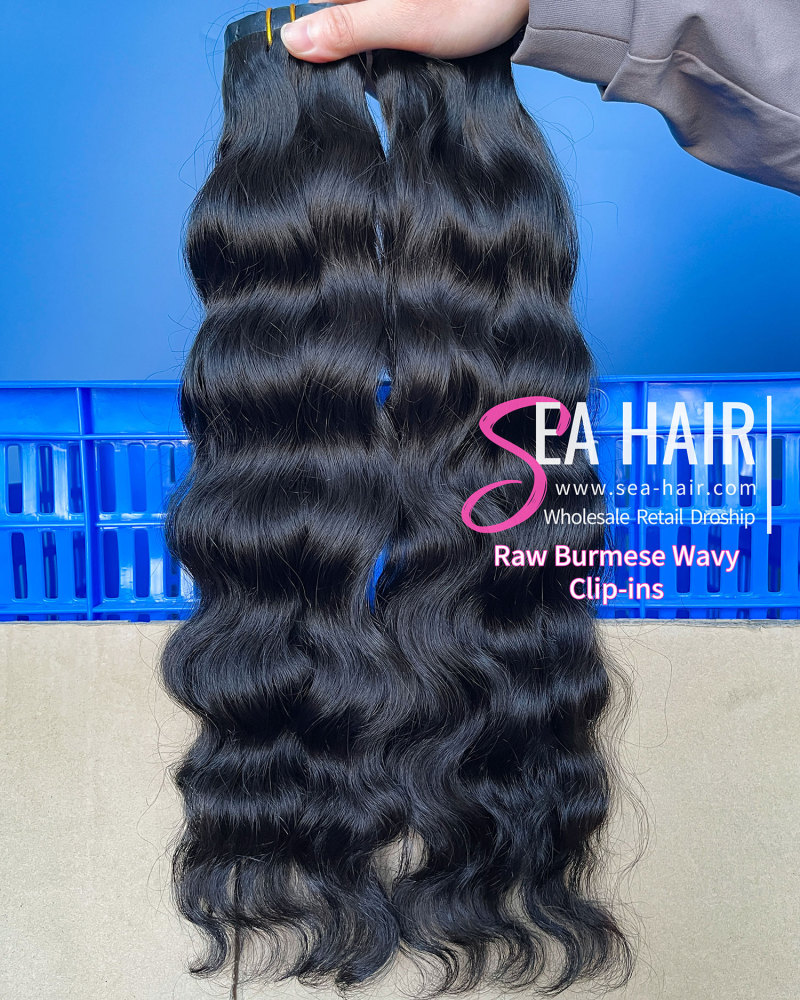 SEA Hair Burmese Wavy Seamless Clip-In Raw Hair Extensions 1/3/4 Packs 6/18/24Pcs Deal