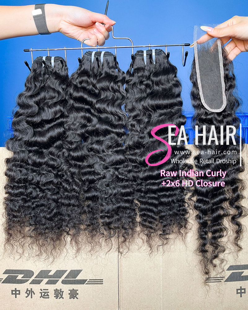SEA Hair Raw Indian Curly Hair Bundles with 2x6 Lace Closure