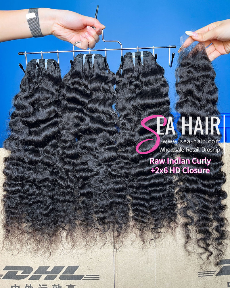 SEA Hair Raw Indian Curly Hair Bundles with 2x6 Lace Closure