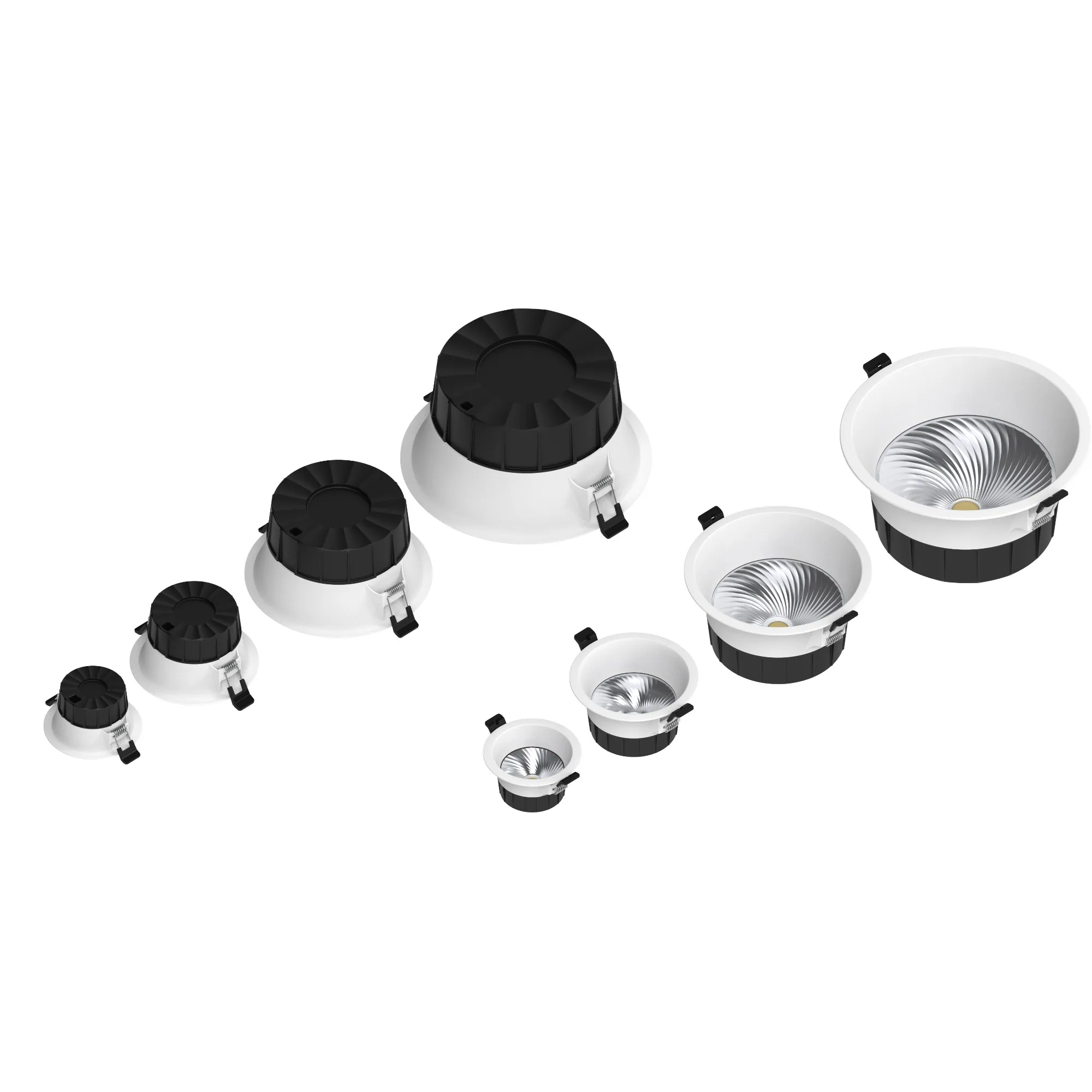 Seven recessed downlights in various sizes shown front and back