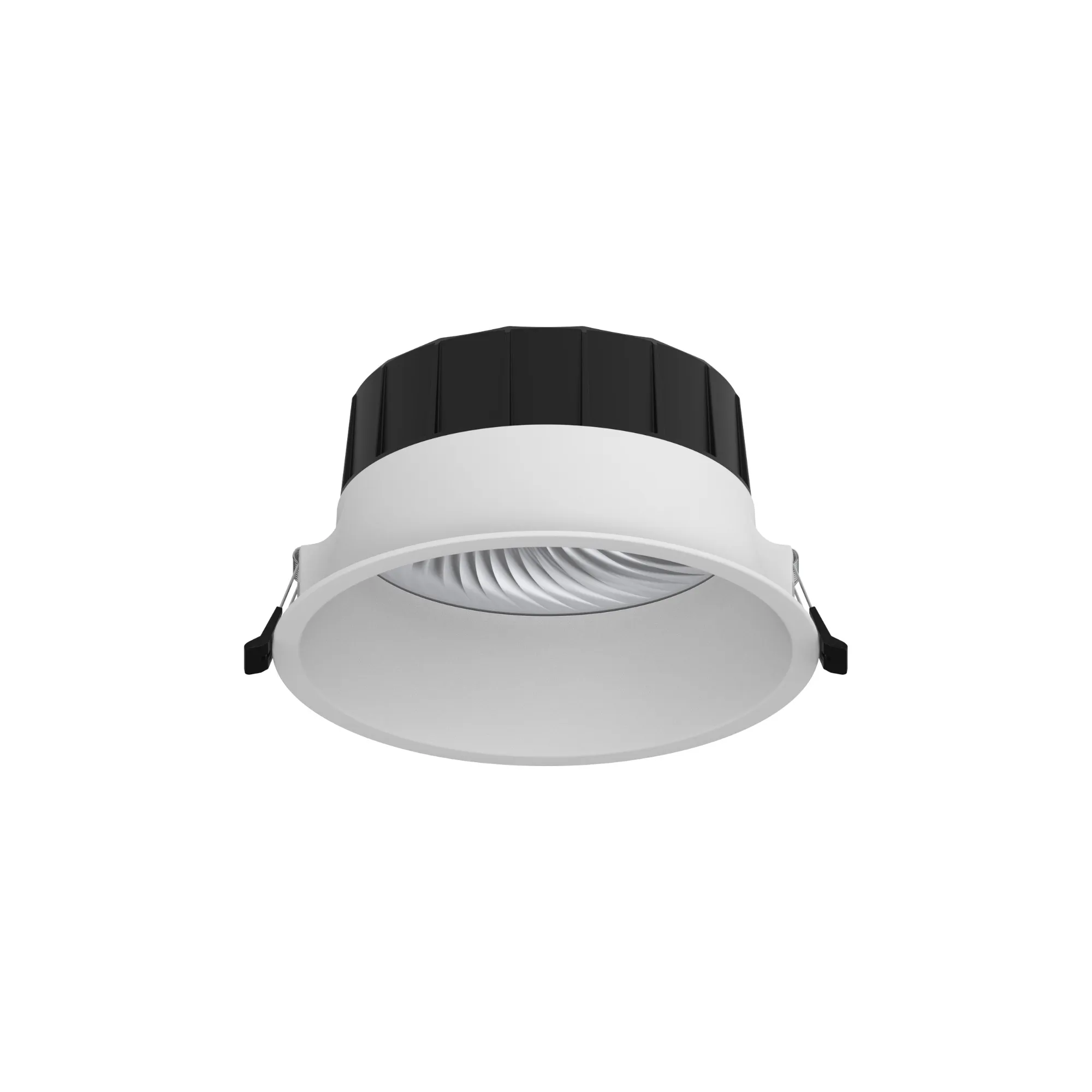 Downlight from below and side showing white trim, baffle and fins