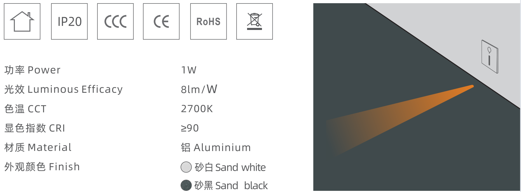Huiheng Lighting H-LG001S Recessed LED Step Light – 1W 2700K CRI90 Aluminium Sand Black Wall Washer Stair Light
