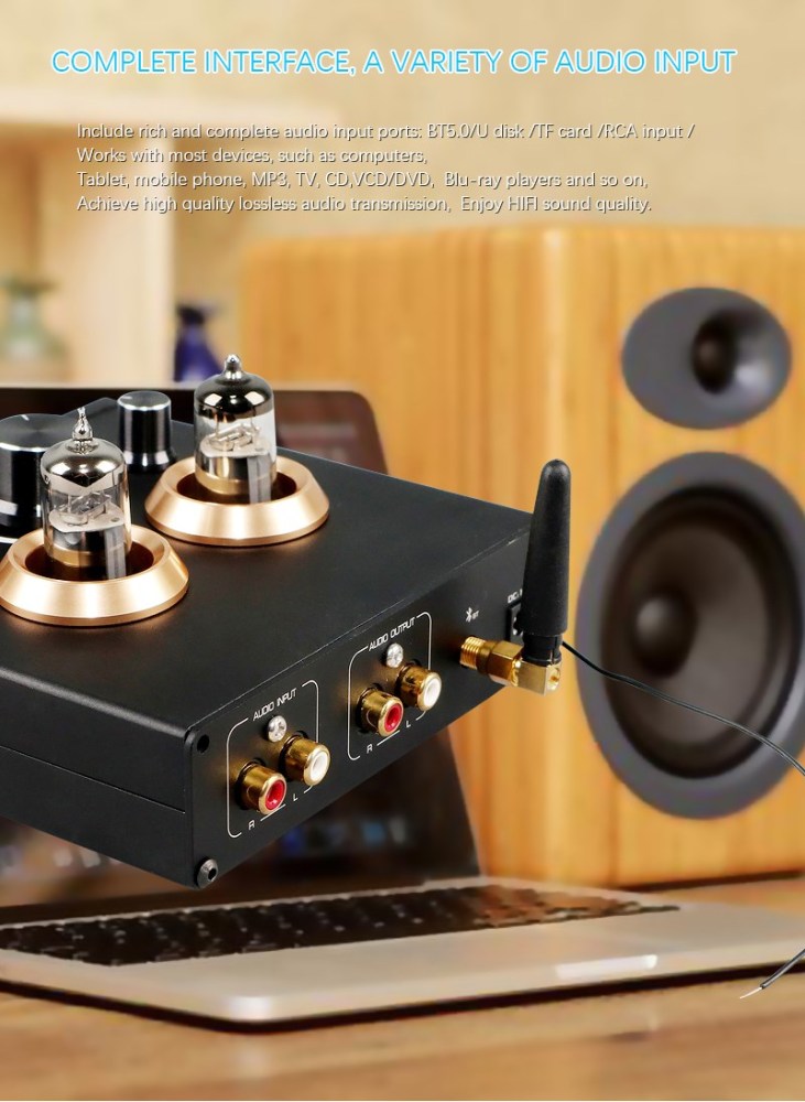 F5 Tube Preamplifier HiFi Bluetooth 5.0 Preamp Lossless Player Support USB TF Card APP Remote Control FM Radio