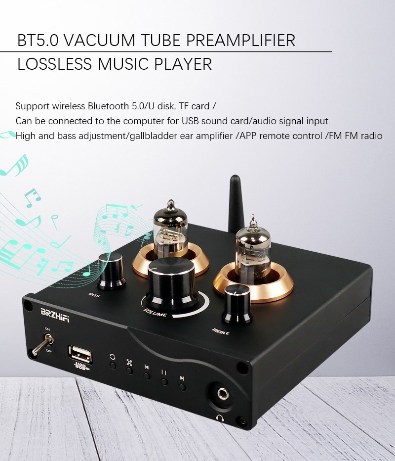 F5 Tube Preamplifier HiFi Bluetooth 5.0 Preamp Lossless Player Support USB TF Card APP Remote Control FM Radio
