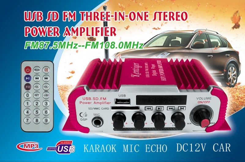 12V HY-600 2CH Mini Stereo Microphone Power Amplifier 20Wx2 USB SD FM Black/Red