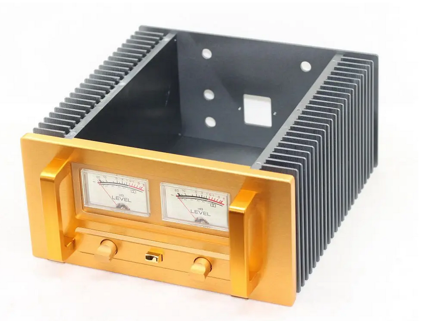 Golden Handle Aluminum Audio Power Amplifier Box Chassis A15 With Level Meter Enclosure Double Radiator Gold Panel DIY Case